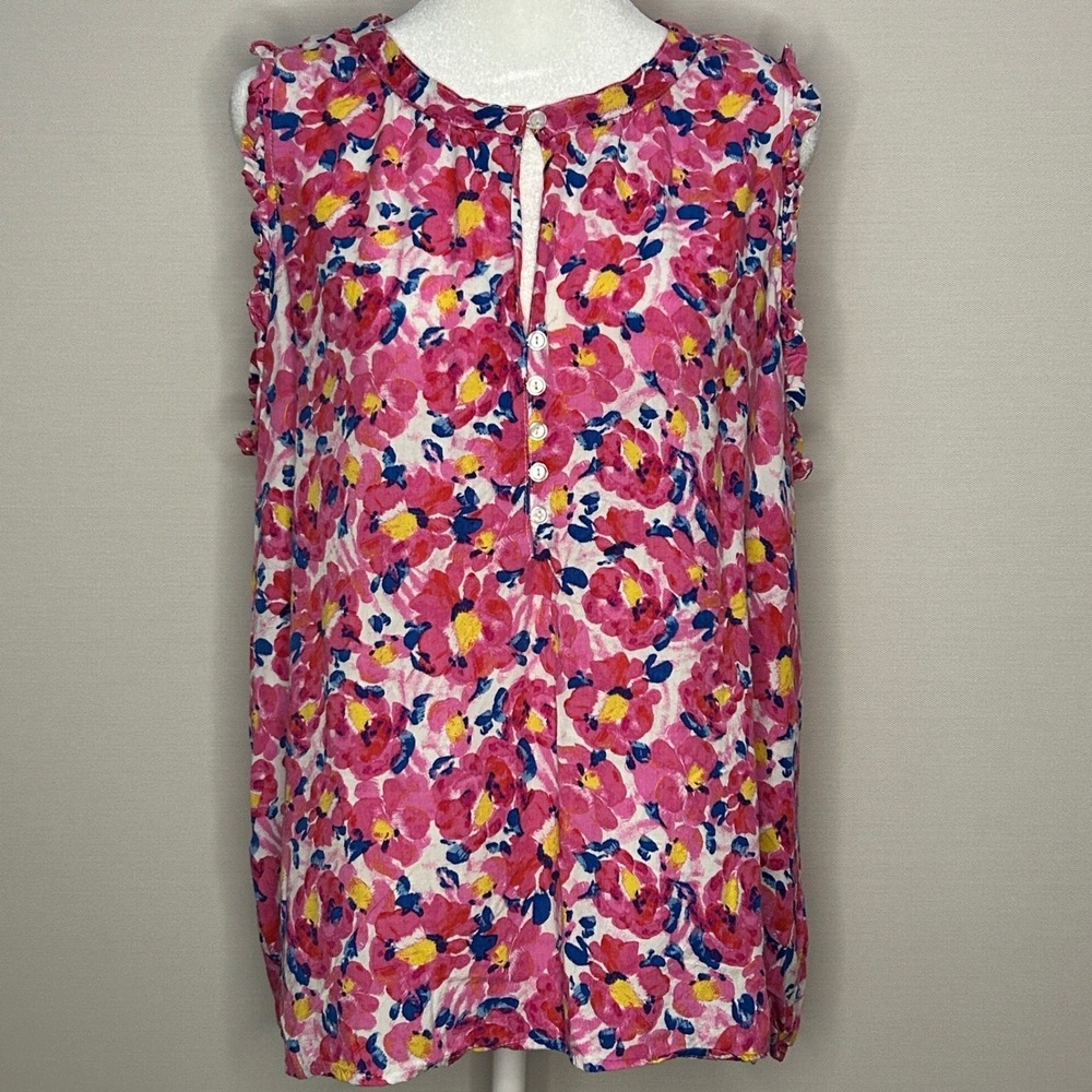 Time and Tru Pink Floral Sleeveless Ruffle Blouse Large Colorful Feminine Casual